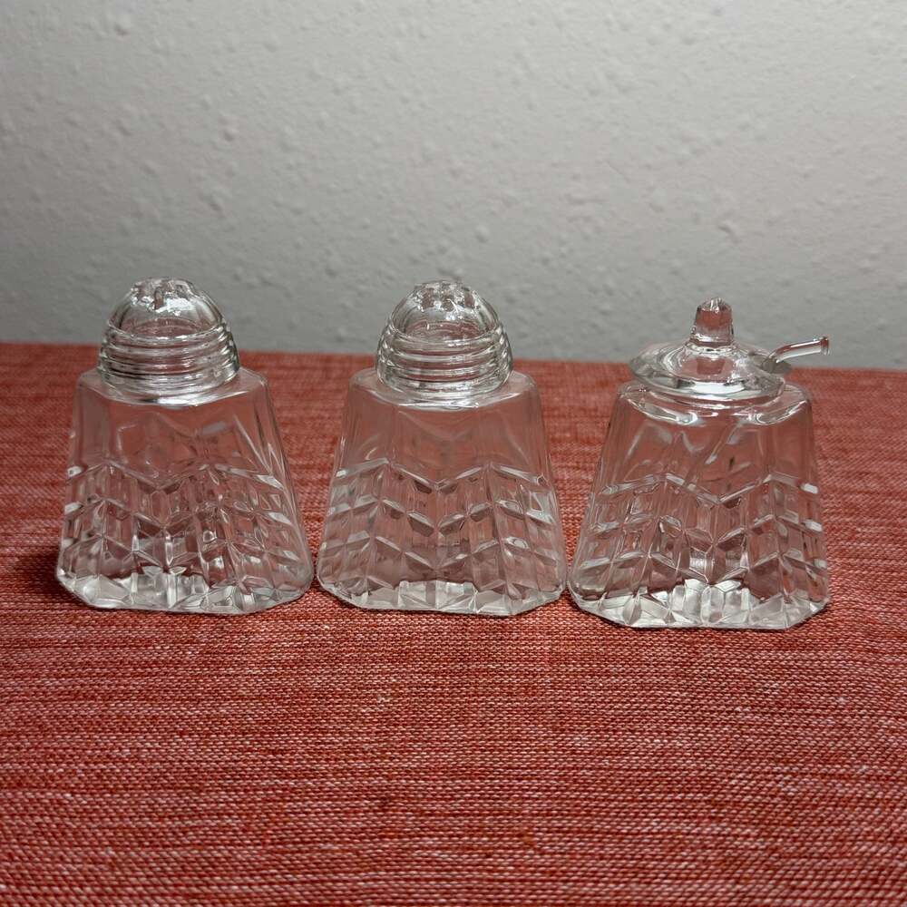 Vintage Clear Geometric Block Glass Salt Pepper Mustard Pot 3pc Condiment Set